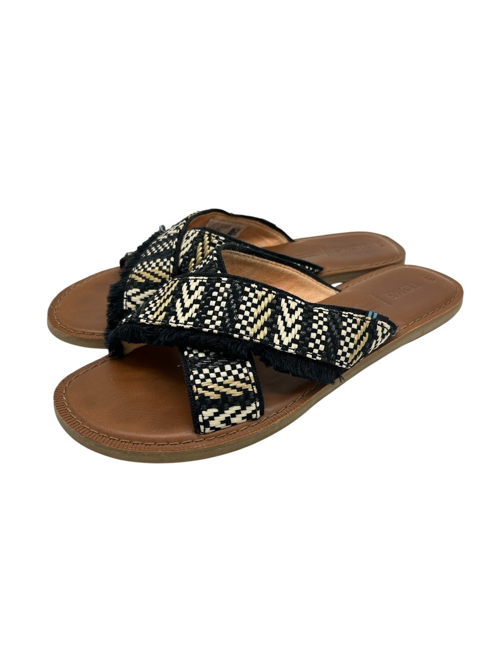 Toms Viv Sandals Size 7.5 Black Tan Woven Cross-Strap Slide Fringe Bohemian Chic